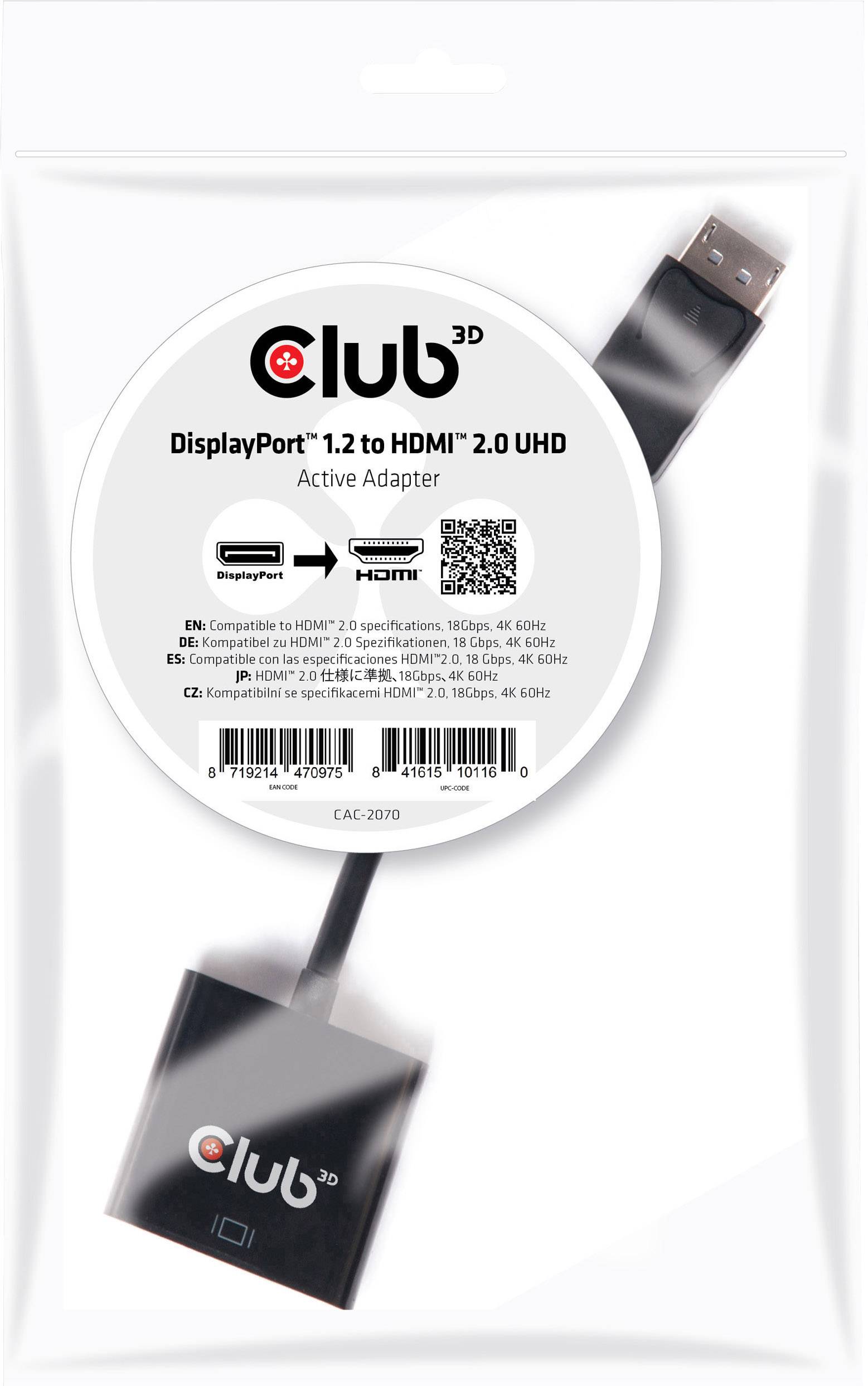 USB-na-HDMI adapter u plastičnoj ambalaži, označen natpisom 'Club 3D DisplayPort 1.2 do HDMI 2.0 UHD'.