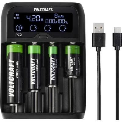 Punjač sa četiri AA baterije, zaslon prikazuje "Li-ion 4.20V", "19mA", "0.00A", USB kabel pored njega. Kapaciteti baterija: 2000 mAh, 2500 mAh.