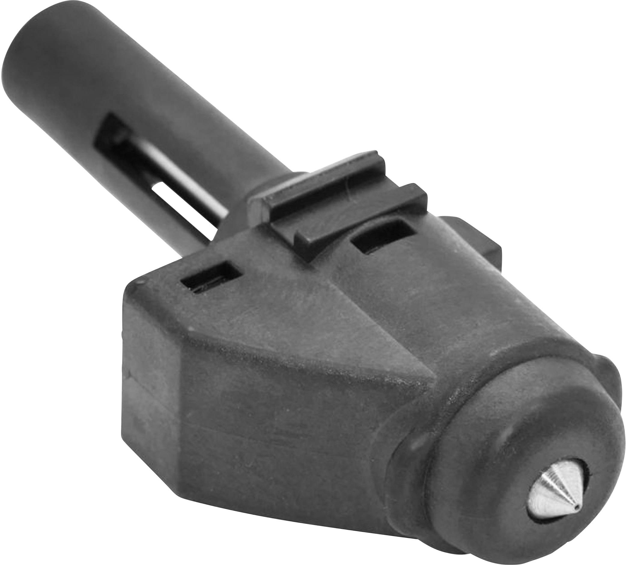 Crno-sivi plastični tipkasti gumb s okruglim vrhom, pogled sa strane. Koristi se za upravljanje ili spajanje u električnom uređaju.