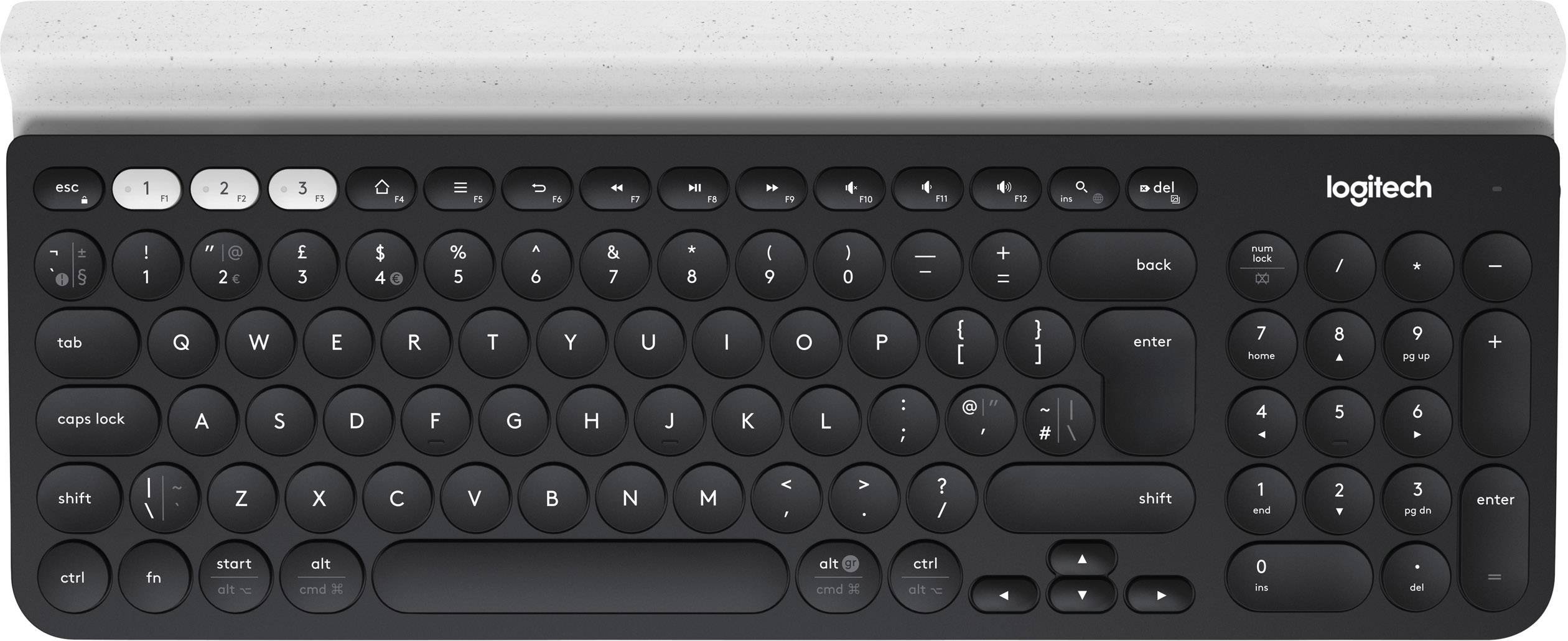 Crna bežična tipkovnica s okruglim tipkama, bijeli stalak za tablete ili pametne telefone gore. Logo desno gore.