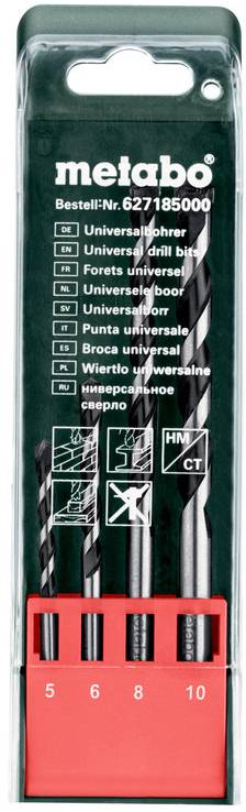 Metabo set bušilica u prozirnoj plastičnoj kutiji, s četiri univerzalna drvodjelca označena s 5, 6, 8 i 10 mm.