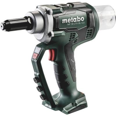 Akumulatorski uređaj za postavljanje matičnih matica u detalje. Proizvođač 'Metabo', model 'NP 18 LTX BL 5.0', zeleno-crne boje s ergonomskom ručkom.