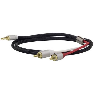 Crni audio kabel s 3,5-mm utikačem spaja se s dva pozlaćena RCA utikača, jednim crvenim i jednim bijelim.