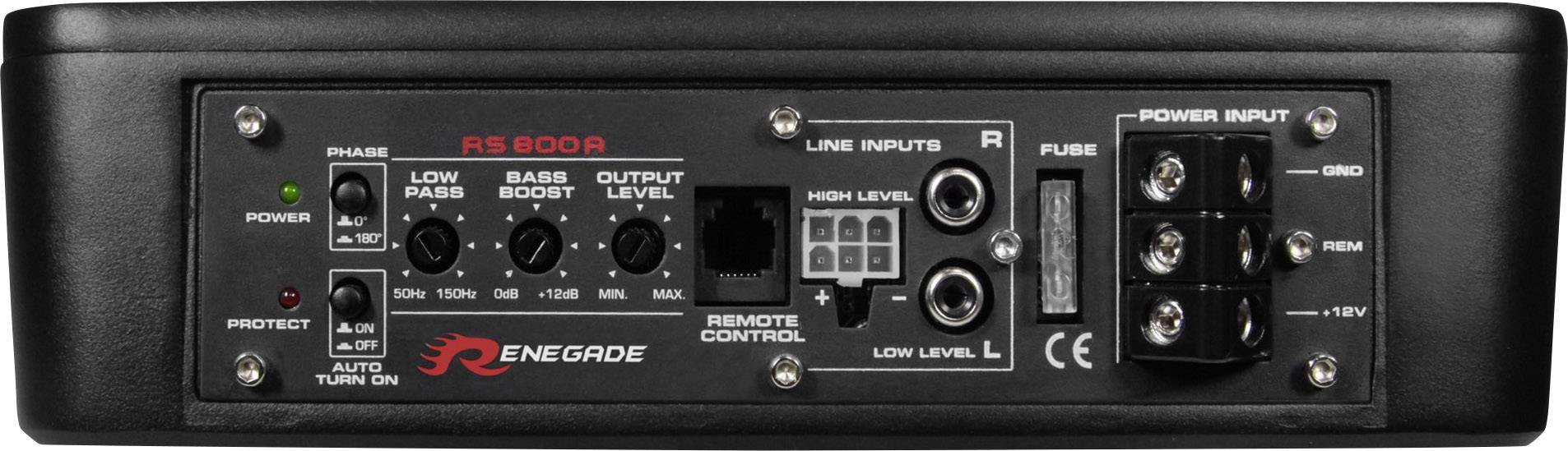 Stražnja strana pojačala s priključcima i regulatorima, uključujući Fazu, Low Pass, Bass Boost, Razinu izlaza, Linijske ulaze i Ulaz napajanja.