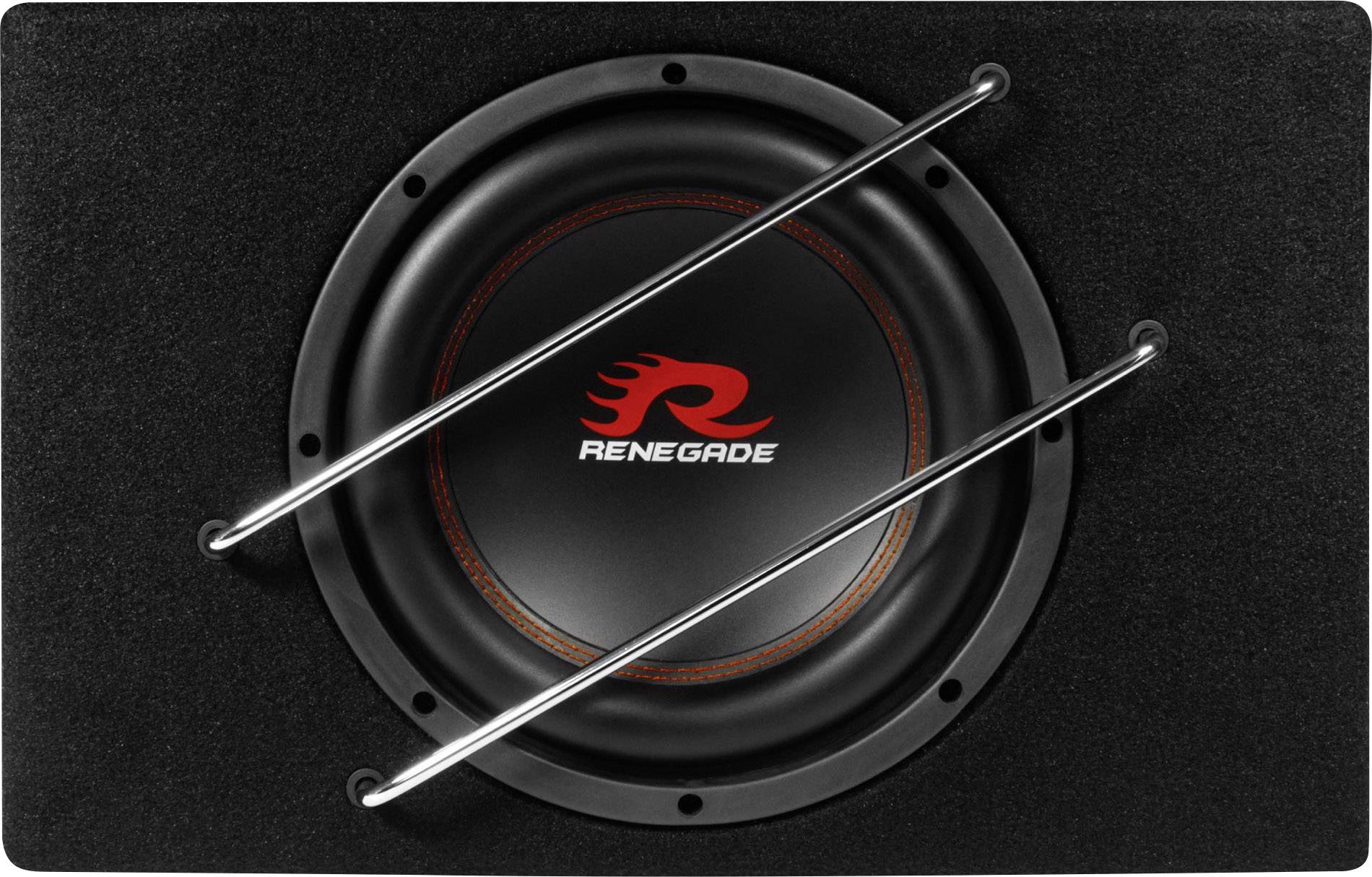 Crni zvučnik s crvenim logotipom 'Renegade', učvršćen s dvije srebrne potporne grede.