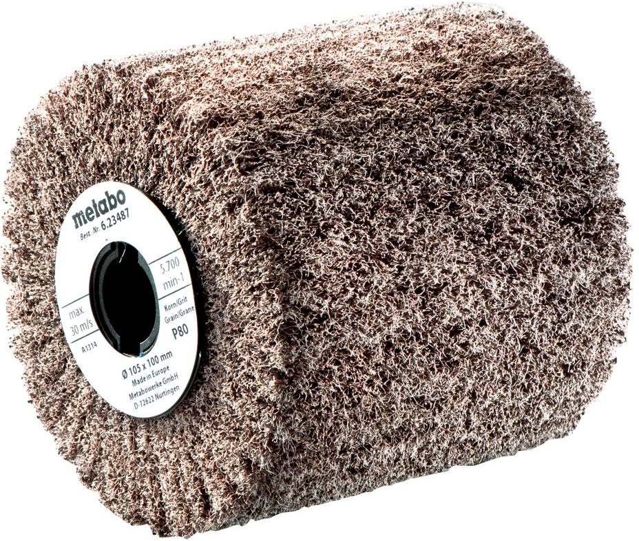 Veliki abrazivni bubnasti valjak za brušenje s oznakuom proizvoda 'metabo', prikazan na bijeloj pozadini.
