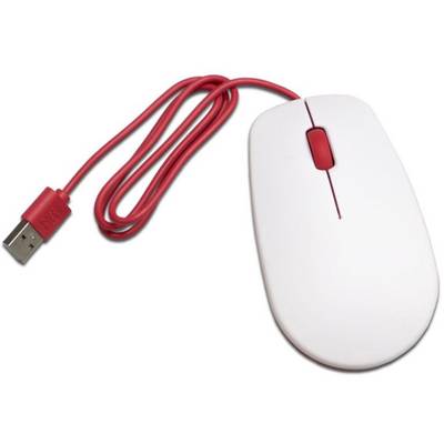 Bijeli računalni miš s crvenim kotačićem za pomicanje i USB kabelom, na bijeloj pozadini.