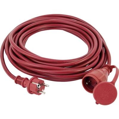 Crveni produžni kabel, namotан, sa zaštitnim kontaktnim utikačem i utičnicom, pogodan za vanjsku upotrebu.