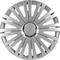 Srebrni poklopac kotača s radijalnim, proreznim otvorima koji se pružaju od središnjeg kruga.