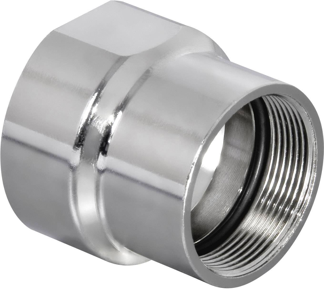 Srebrni metalni adapter s unutarnjim navojem, pogledan sa strane, na neutralnoj pozadini.