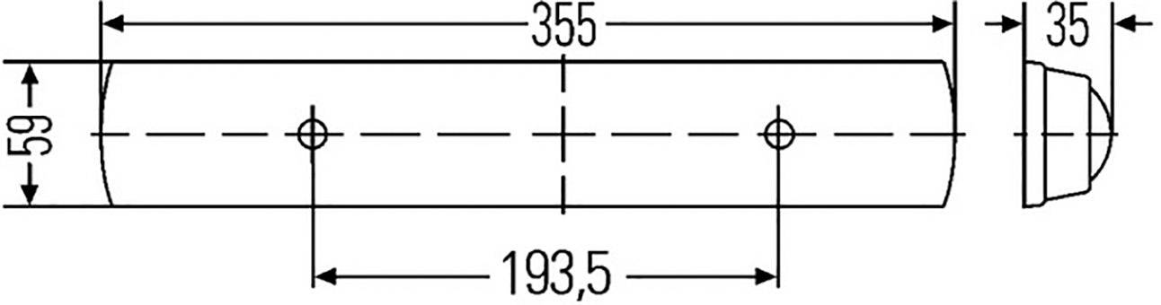 Tehnički nacrt cilindričnog dijela s ukupnom duljinom od 355 mm, promjerom od 59 mm, dvije bušotine na 193,5 mm i kapom od 35 mm.
