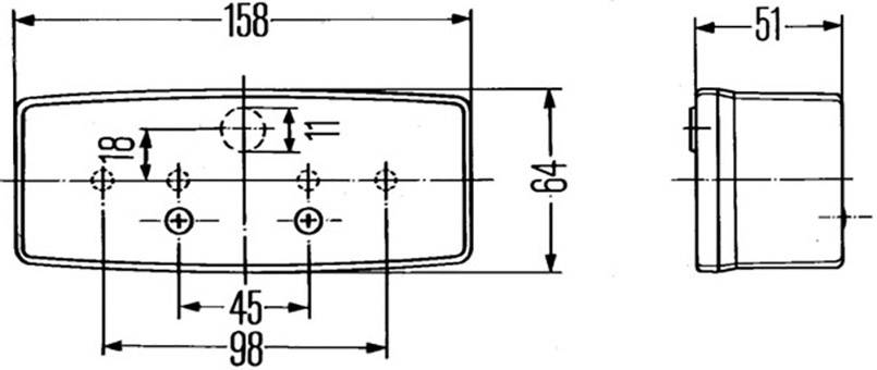 Tehnički nacrt pravokutnog objekta s dimenzijama: 158 x 64 x 51 mm, s označenim otvorima. Prednji i bočni pogled.
