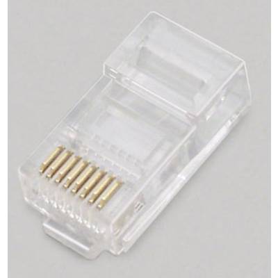 Jasan, proziran RJ45 utikač s osam zlatnih kontakata, koji se uobičajeno koristi za mrežne spojeve.