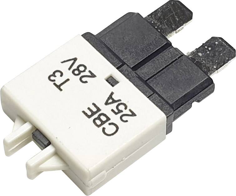 Bijeli i crni automatski osigurač s natpisom 'CBE 25A 28V'. Pogodan za električne primjene.