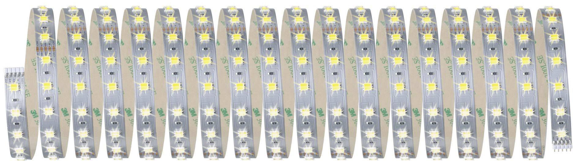 Nekoliko LED traka položenih jedna do druge, prikazuju žute LED-diode i zelene oznake na srebrnoj pozadini.