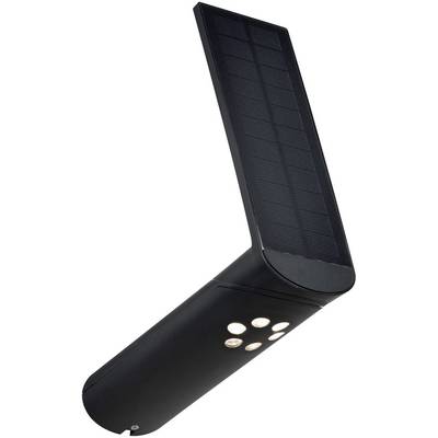 Crna solarna svjetiljka s velikim solarnim panelom na vrhu i nekoliko LED dioda na dnu, nagnuta pod kutom.