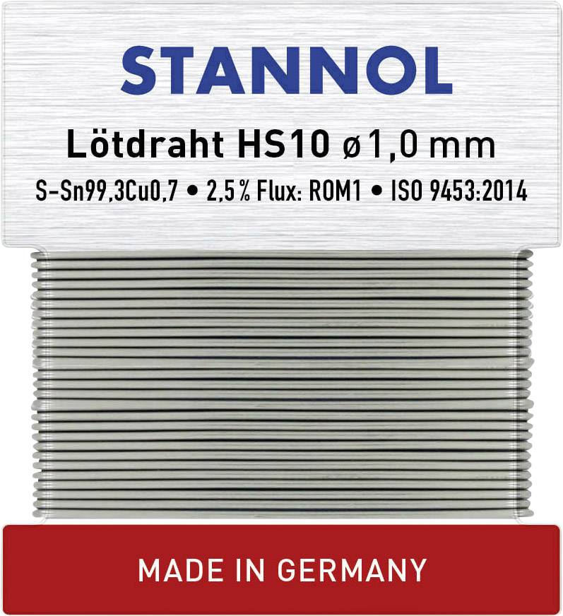 Slika prikazuje pakiranja lemne žice s natpisom 'STANNOL Lemna žica HS10 Ø 1,0 mm'. Pri dnu piše 'MADE IN GERMANY'.