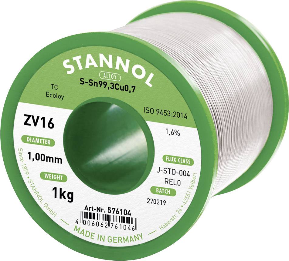 Svitak lemnog kalaja s zelenom etiketom, natpis: 'Stannol', legura 'S-Sn99,3Cu0,7', promjer 1,00 mm, težina 1 kg, proizveden u Njemačkoj.
