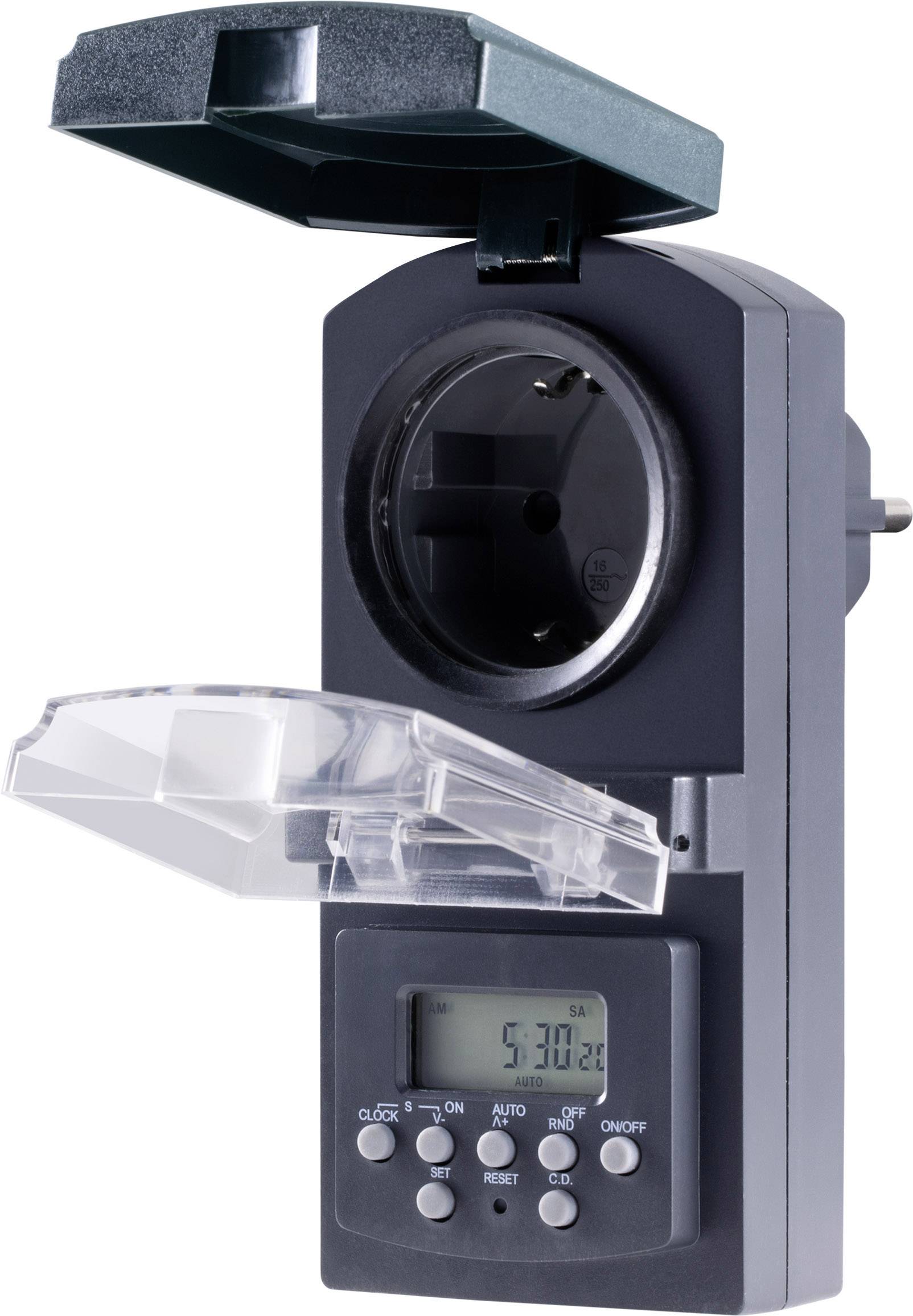 Crna digitalna električna štoperica s prikazom i tipkama, utičnica gore i poklopcem koji se može otvoriti. Zaslon prikazuje vrijeme 5:30.