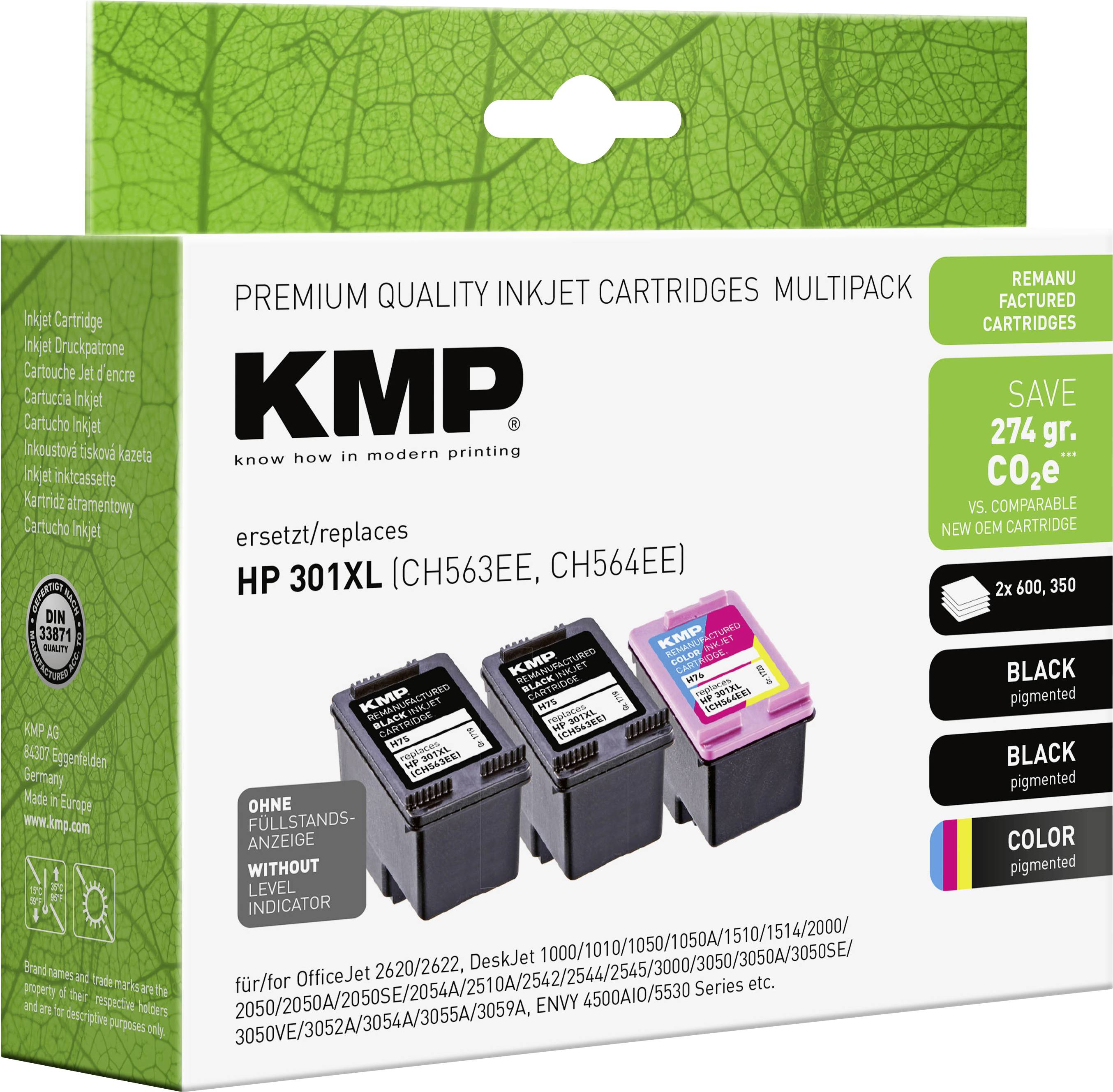 KMP multipack tintne kasete za HP 301XL, prikazane na pakiranju proizvoda sa slikama crnih i boja kartridža te detaljima kompatibilnosti.