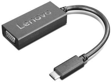 Lenovo USB-C na VGA adapter prikazuje malo crno uređaje s USB-C priključkom i VGA priključkom, koji služi za izlaz slike na zaslon.