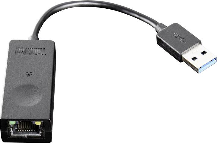USB-Ethernet adapter s crnim kabelom. Lijevo ethernet priključak, desno USB utikač.