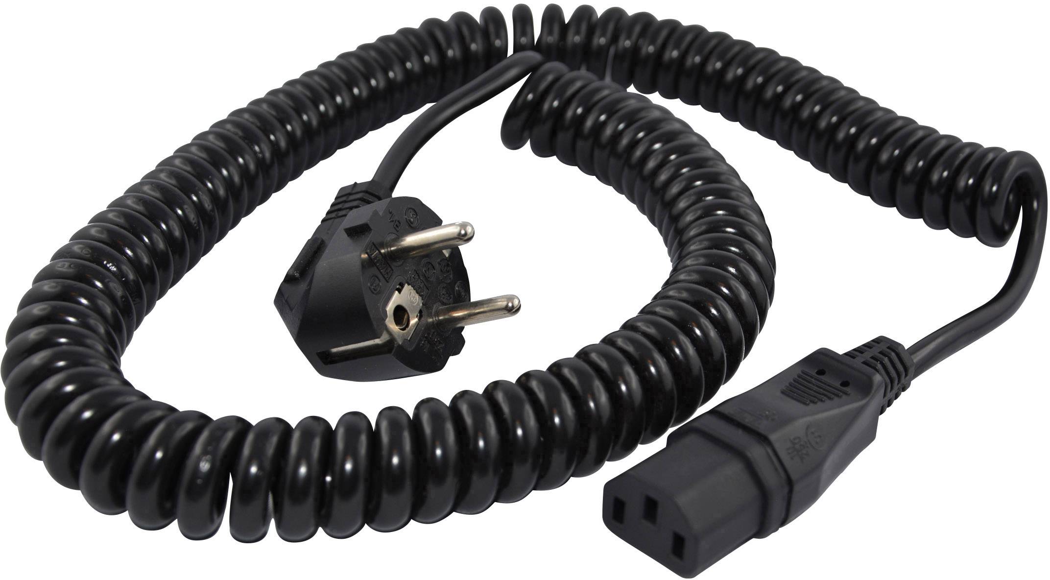 Crni spiralni kabel sa Schuko utikačem i IEC priključkom, pogodan za elektroničke ili kućanske uređaje.