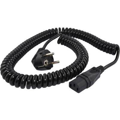 Crni spiralni kabel sa Schuko utikačem i IEC priključkom, pogodan za elektroničke ili kućanske uređaje.