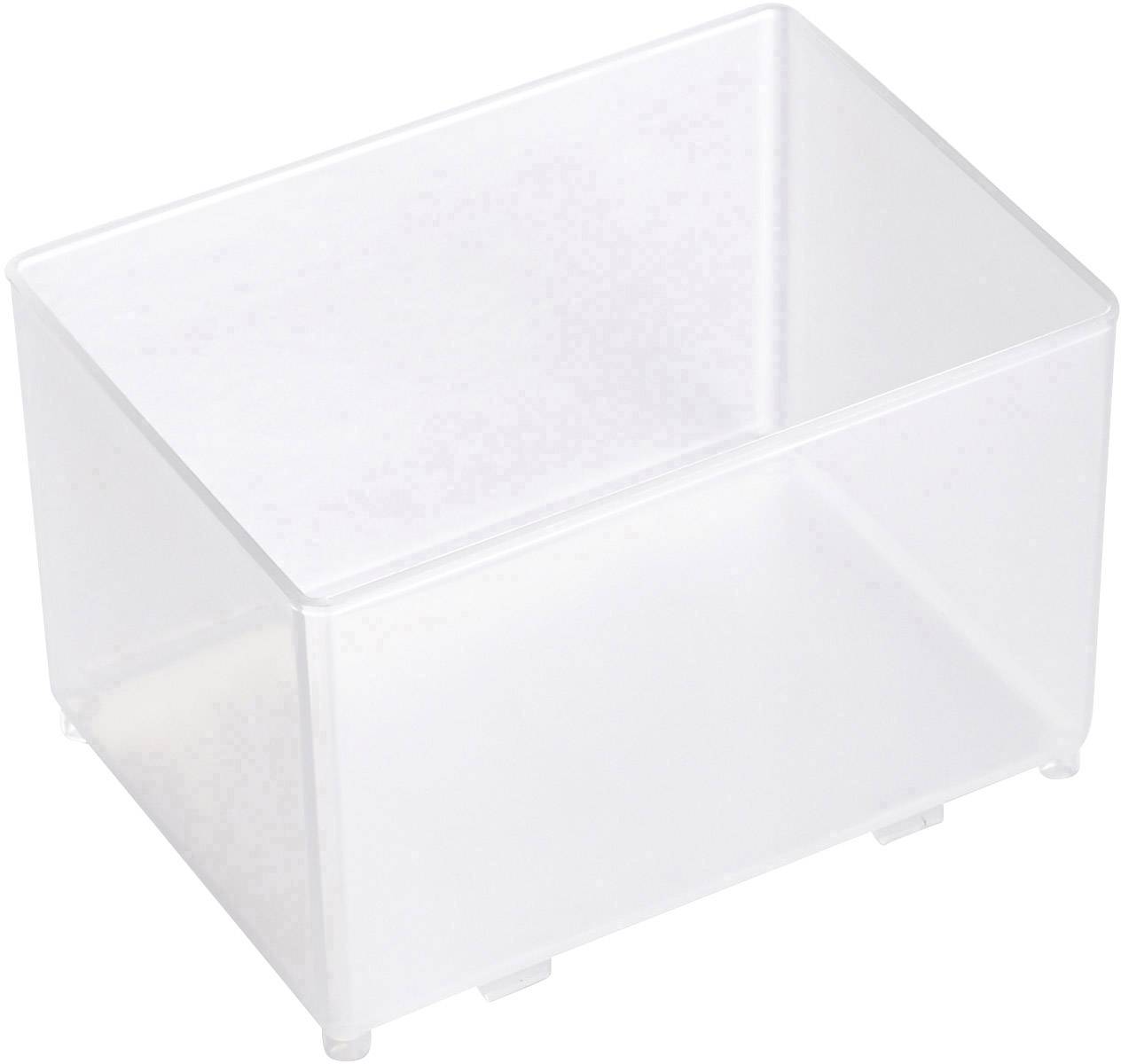 Prozirni plastični spremnik, pravokutnog oblika, bez poklopca, korišten za skladištenje ili organizaciju.