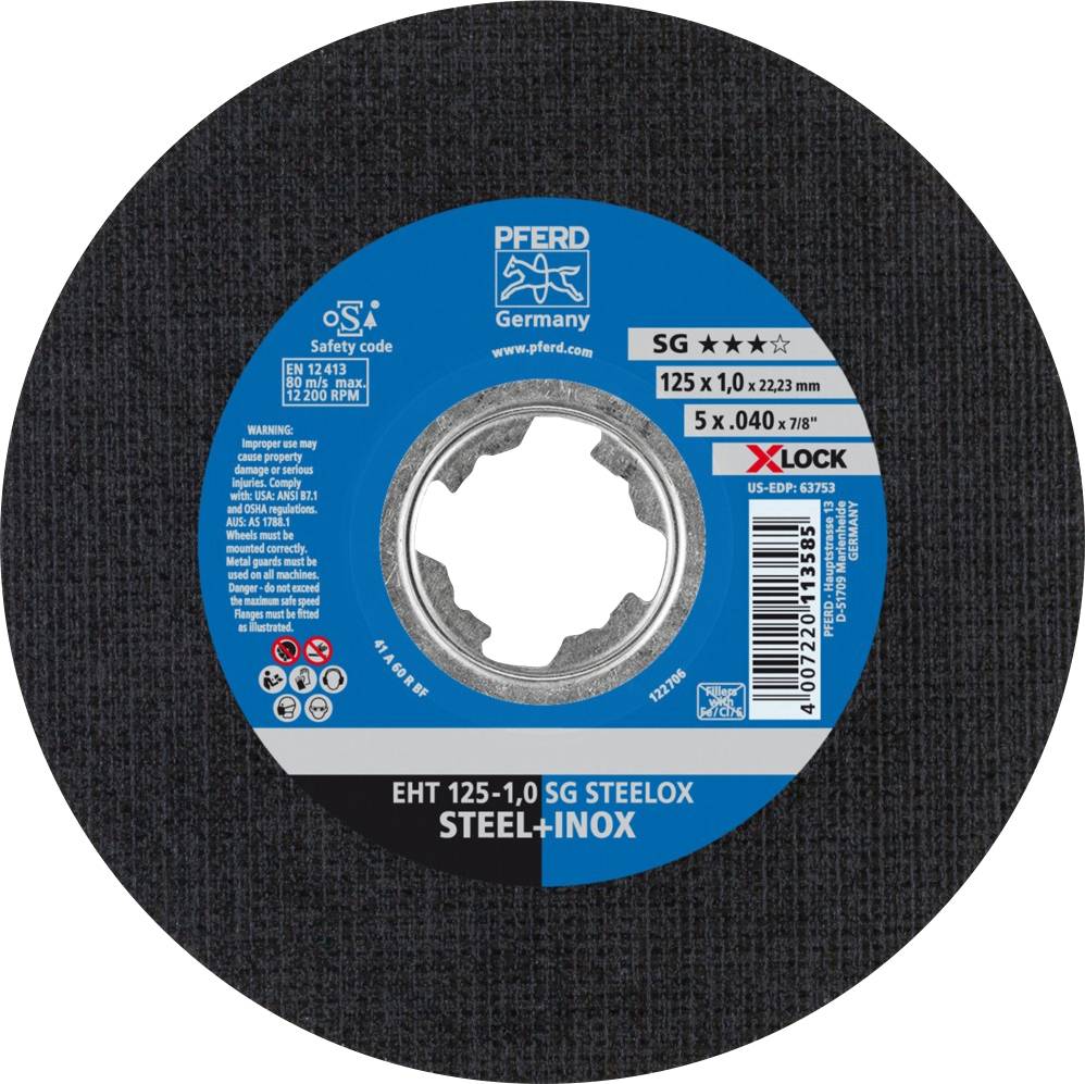 Brusni disk tvrtke PFERD Germany, 125x1,0mm, za čelik i inox, s X-LOCK sustavom. Model EHT 125-1,0 SG STEELOX.