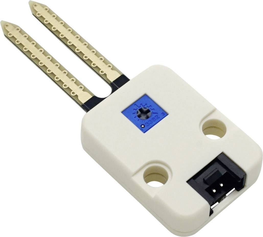 Bijeli senzor vlažnosti tla s dvije metalne sonde i plavim okretnim regulatorom u sredini.