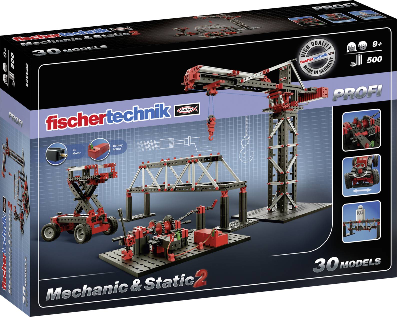Set za montažu igračaka 'fischertechnik Mehanika i Statika 2' s mogućnošću izgradnje 30 modela, uključujući dizalicu i strojeve, za djecu od 9 godina.