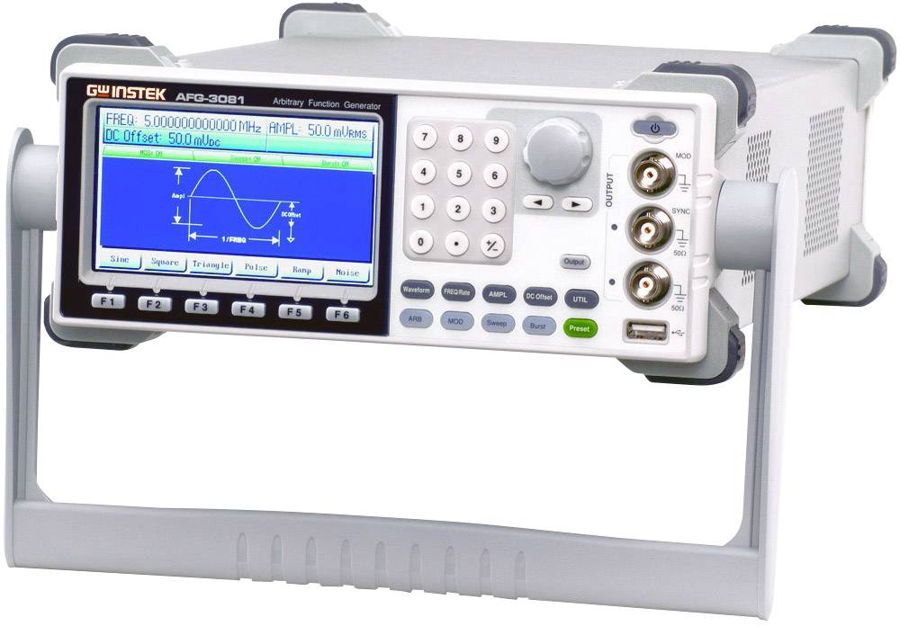 Generator funkcija s digitalnim zaslonom koji prikazuje sinusni val frekvencije 50 MHz. Lijevo upravljačke tipke, desno priključci.