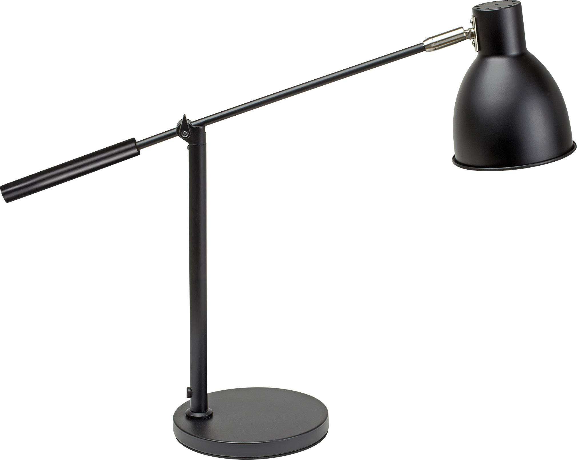 Crna, moderna stolna lampa s okruglom bazom i podesivom rukom.