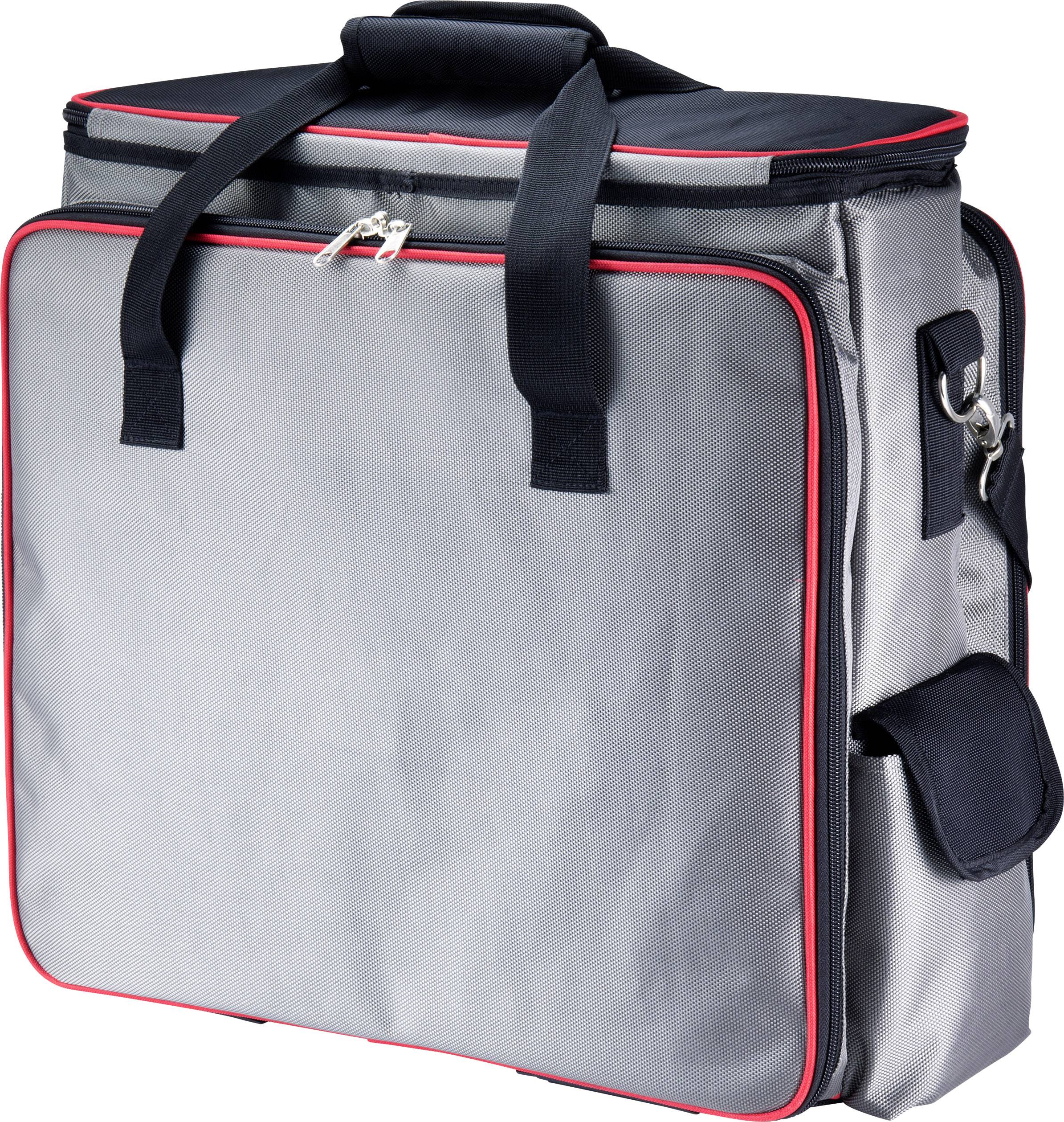 Siva torba za nošenje s crnim ručkama i crvenim rubom, pogodna za prijenos dokumenata ili prijenosnog računala.
