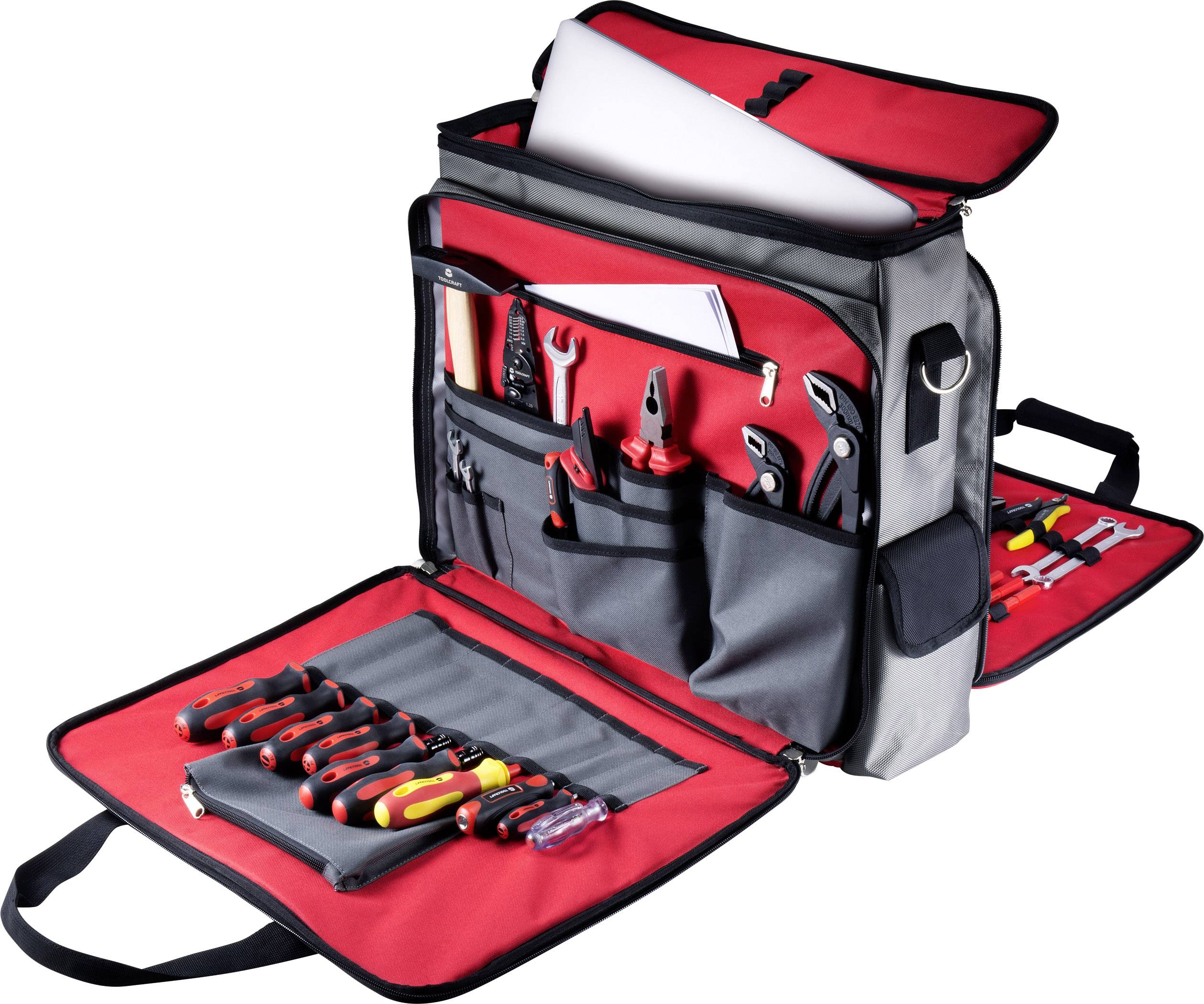 Otvorena torbica za alat prikazuje razne alate poput odvijača, kliješta i ključeva u posebnim pregradcima i držačima.