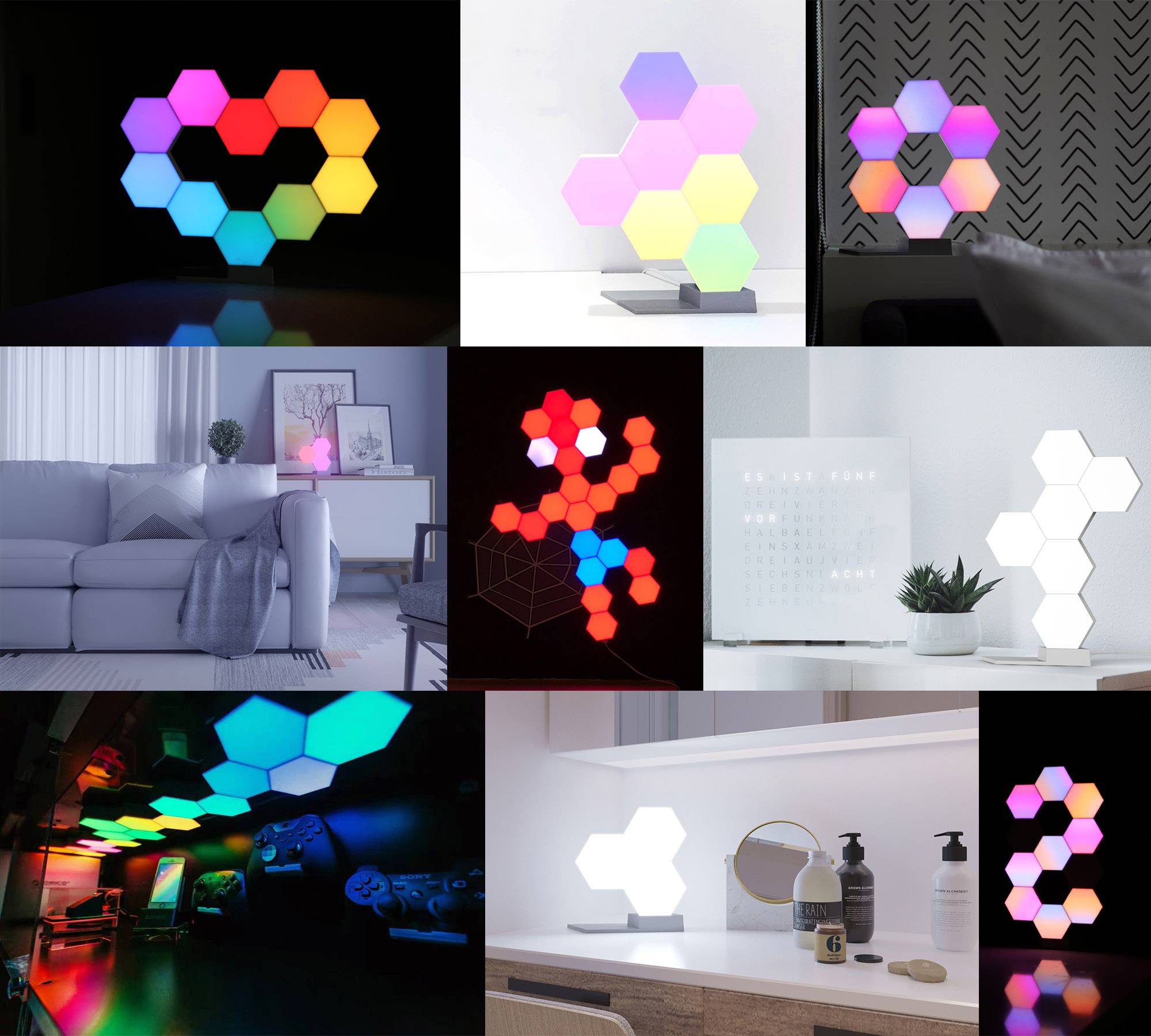 Različite šesterokutne LED lampe u šarenim bojama postavljene su u modernim stambenim i radnim prostorima, prikazujući različite uzorke i osvjetljenja.
