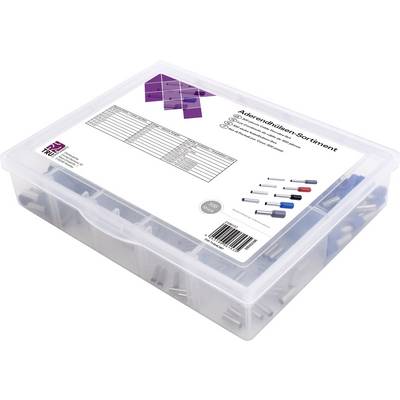 Prozirna plastična kutija sa sortimanom kablovskih završnih čahura. Etiketa prikazuje informacije o veličinama i bojama čahura.