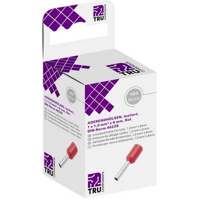 Kartonska kutija sa 100 izoliranih završnih čaura, veličina 1,0 mm² x 8 mm, crvena, prema DIN normi 46228 od TRU Components.