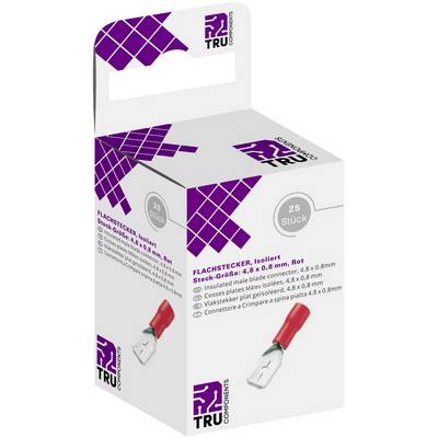 Kartonska kutija sa 25 izoliranih ravnih utikača, veličine 4,8 x 0,8 mm, u crvenoj boji. Marka: TRU Components.