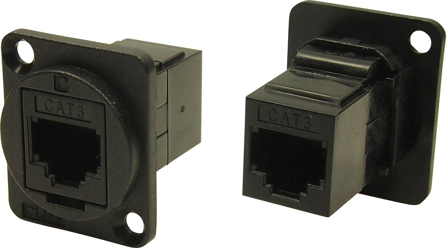 Dva crna RJ45 mrežna adaptera kategorije 3, jedan montiran, drugi samostojeći.