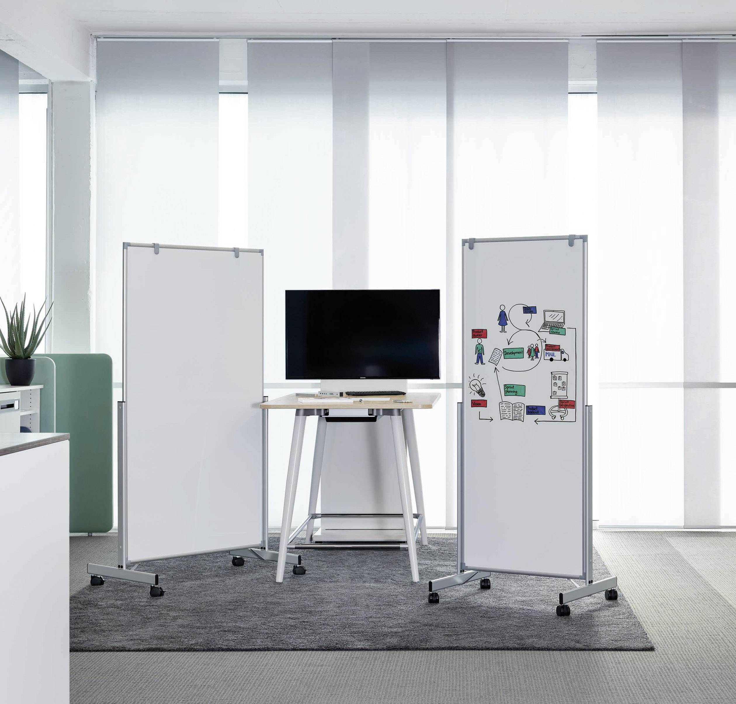 Uredski prostor s dva whiteboarda na kotačima koji uokviruju stol s monitorom. Jedan od whiteboardova prikazuje šarene crteže.