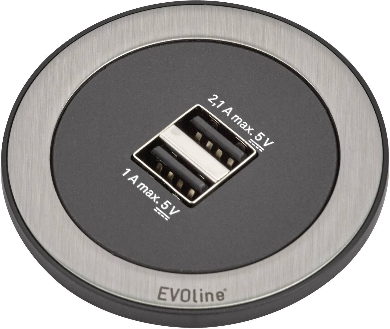 Dvostruki USB punjač od EVOline-a s naznakama '2,1 A maks. 5 V' i '1 A maks. 5 V'.
