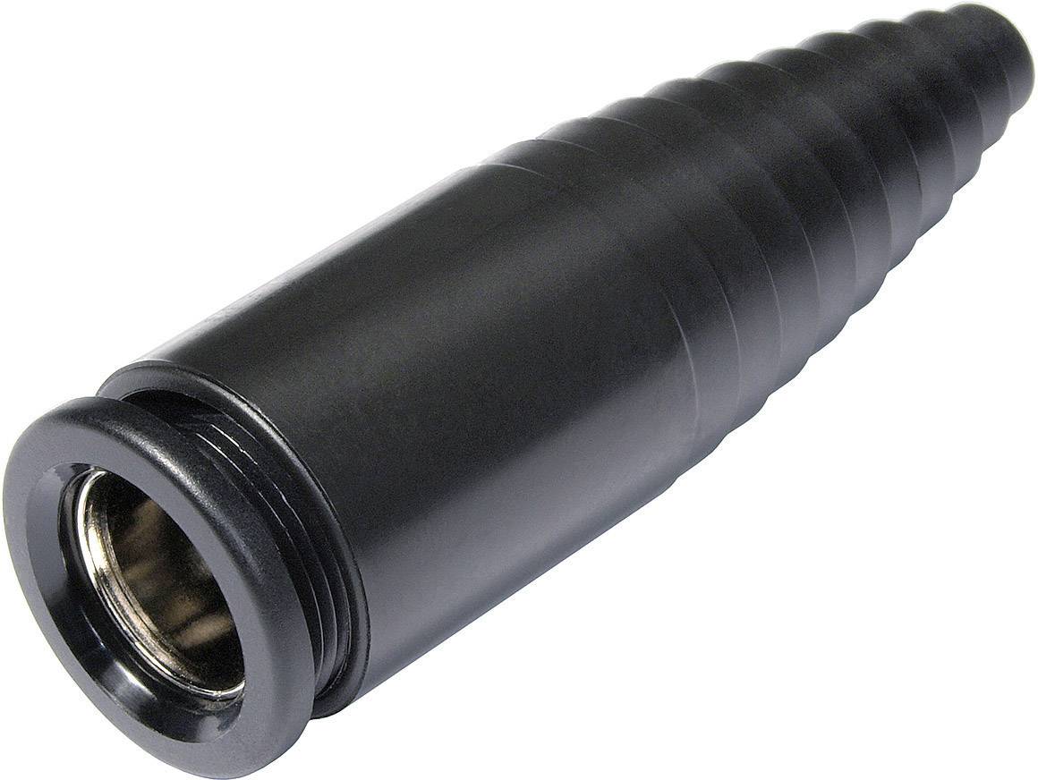 Crni zaštitni pokrov kabela za industrijske primjene, stožastog oblika s rebrasto strukturom, štiti kablove od mehaničkih oštećenja.