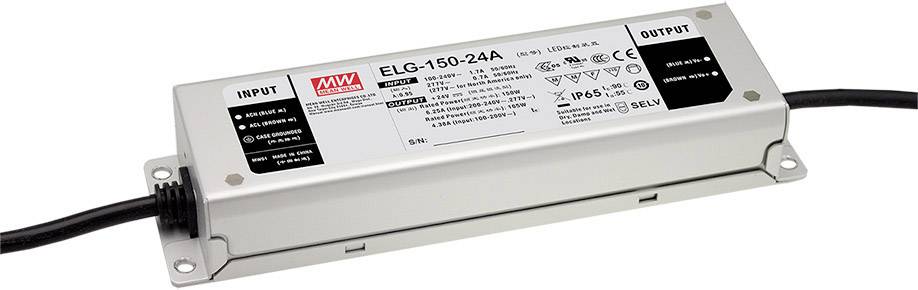 Jedinica za napajanje električne energije s modelnim brojem 'ELG-150-24A'. Prikazuje ulazne i izlazne raspone, tehničke specifikacije i sigurnosne simbole.