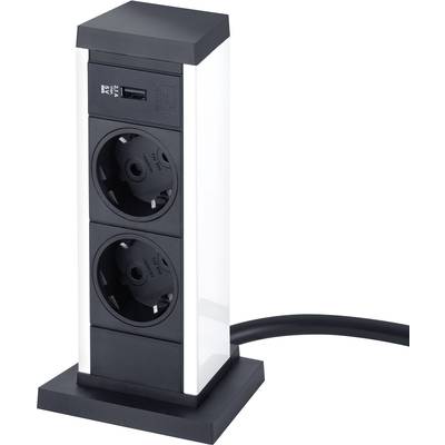 Višestruka utičnica s USB priključcima, uspravnog dizajna, spojena kabelom. Idealna za uredske ili stambene prostore.