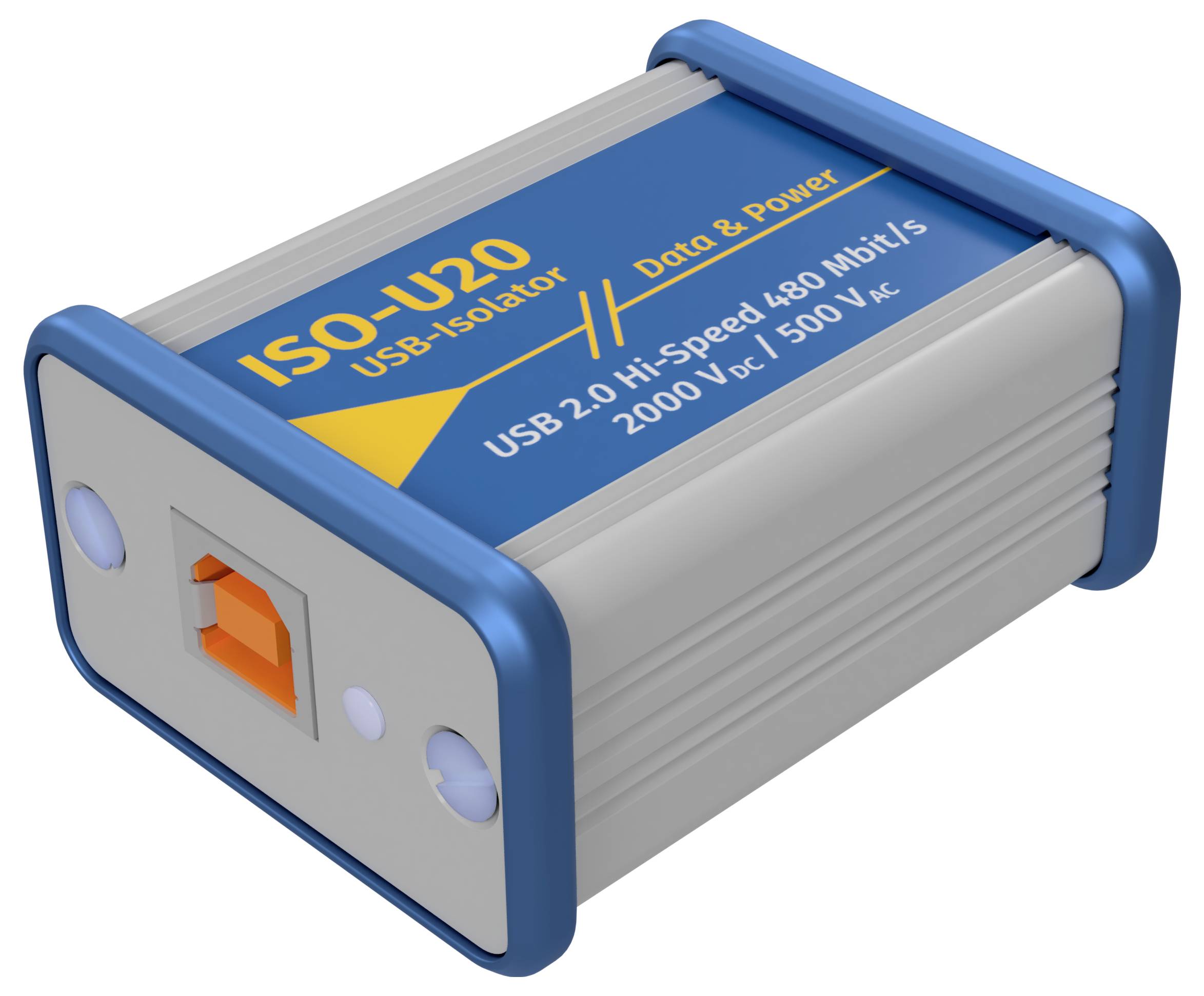 Plavi i srebrni USB izolator s natpisom 'ISO-U20'. Nudi USB 2.0 Hi-Speed, 480 Mbit/s, 2000V AC izolaciju.