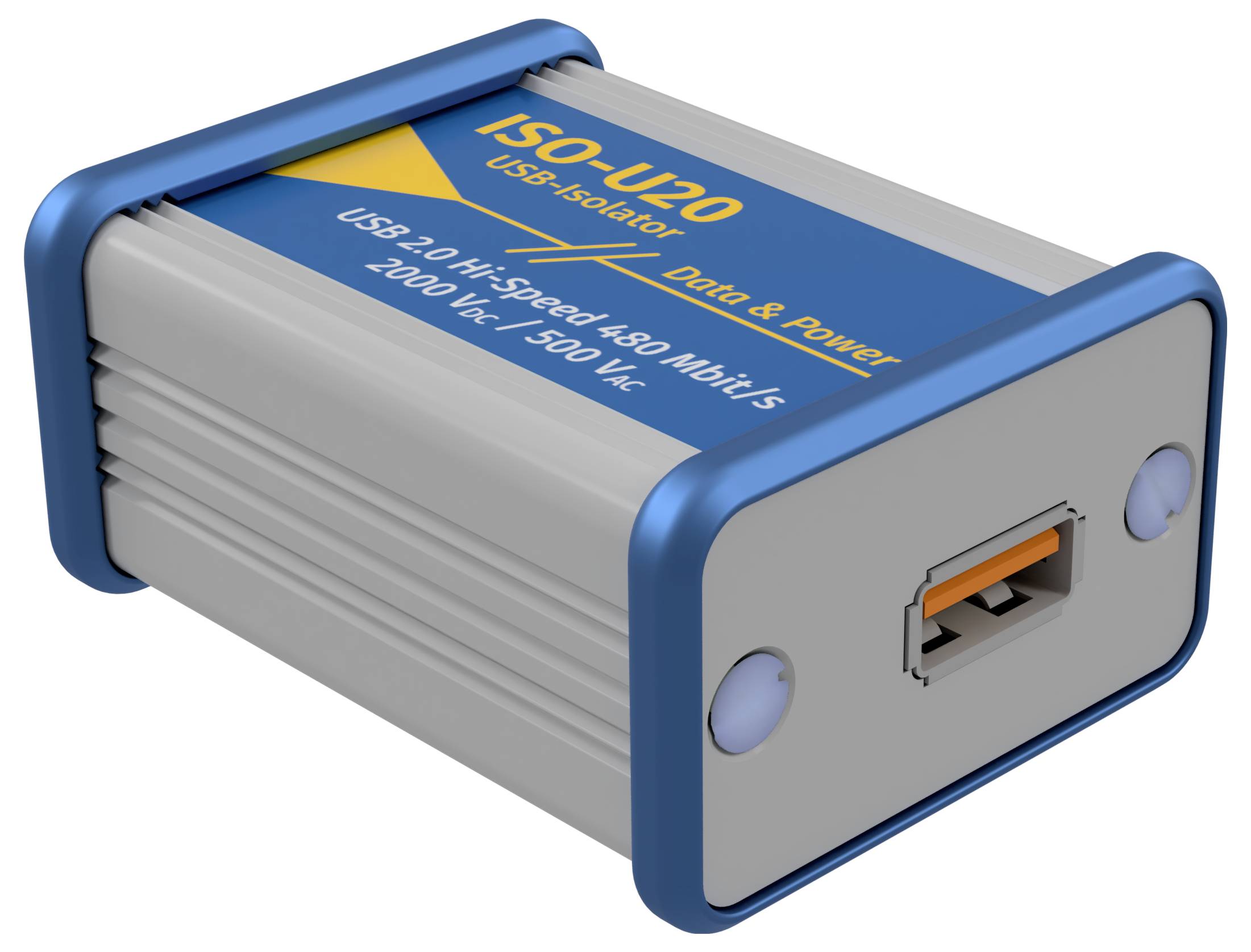 USB izolator uređaj oznake 'ISO-U20'. Podržava USB 2.0 protokol brzinom prijenosa od 480 Mbit/s i pruža izolaciju od 2000 Vrms.