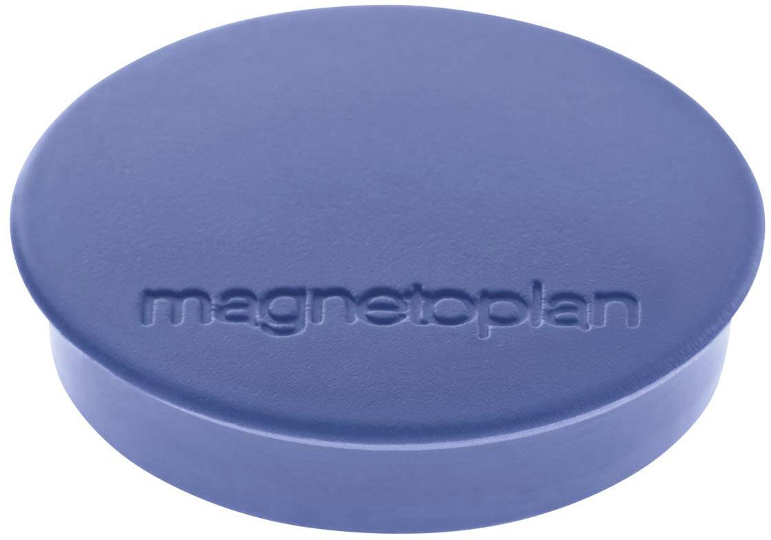 Plavi, okrugli magnet s utisnутim natpisom 'magnetoplan' na gornjoj strani.