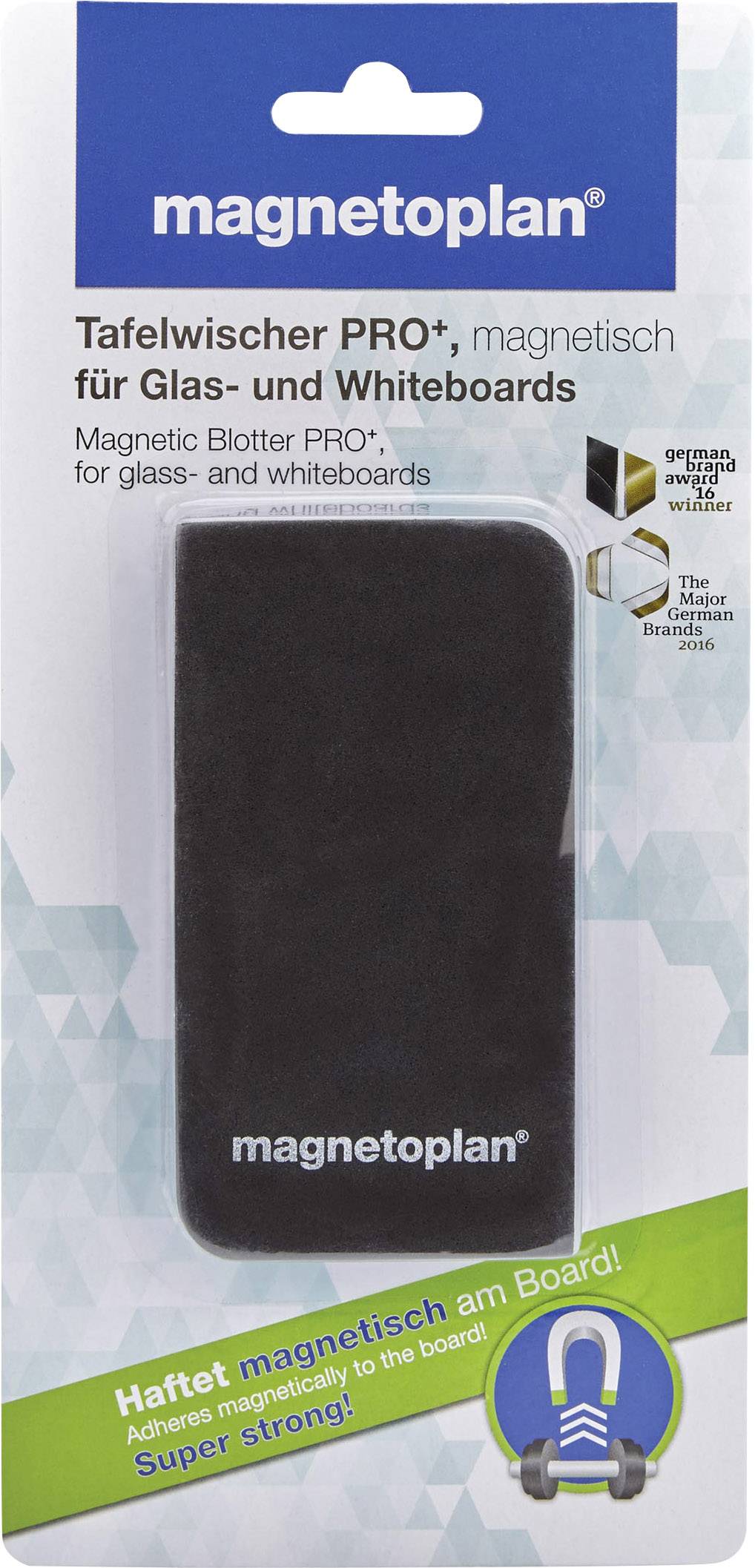 Crni magnetski brisač ploče tvrtke 'magnetoplan', pogodan za staklene i whiteboard ploče. Pakiranje naglašava magnetsko prianjanje.